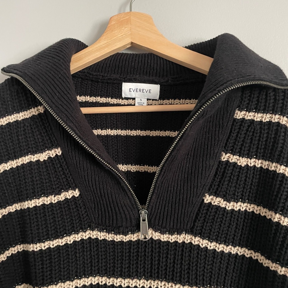 Evereve Striped Quarter Zip Sweater Womens Small Black Cream Chunky Knit Preppy